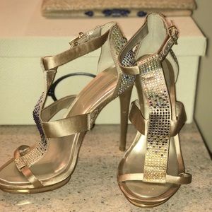 BCBG Gold Heels with rhinestone detail